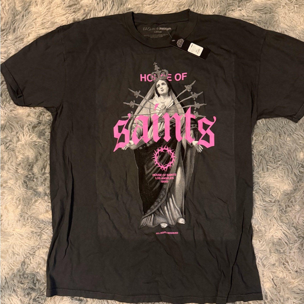 Fashion Nova Black Tee with Pink Saints Graphic